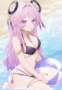 1girl absurdres ball bare_shoulders beach beachball bikini black_bikini blue_eyes blush braid breasts citlali_(genshin_impact) cleavage closed_mouth collarbone commentary facial_mark floating_headgear forehead_mark genshin_impact headgear highres holding holding_ball holding_beachball long_hair looking_at_viewer medium_breasts navel nya_inuha o-ring outdoors pink_hair pink_pupils sitting solo stomach swimsuit triangle triangle_facial_mark twin_braids underwear very_long_hair water rating:s score:2 post #10177045