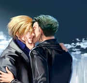 2boys black_jacket blonde_hair blue_shirt blue_sky closed_eyes commentary_request contemporary curled_fingers earrings facial_hair from_side goatee hand_on_another's_shoulder highres jacket jewelry kiss kotomine_(a1569) male_focus multiple_boys mustache_stubble one_piece roronoa_zoro sanji_(one_piece) shirt short_hair sky stubble upper_body yaoi rating:s score:3 post #10161671