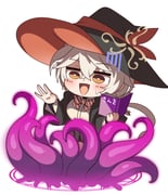 1girl black_hat black_shirt blue_archive blush book breasts eri_(blue_archive) hat highres horosuke large_breasts open_mouth orange_eyes shirt smile solo summoning tentacles white_hair white_shirt witch_hat rating:g score:0 post #10177265