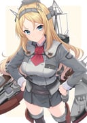 1girl ascot blonde_hair blue_eyes border breasts commentary_request cowboy_shot flower grey_jacket grey_skirt hands_on_own_hips headgear highres jacket kantai_collection large_breasts long_hair long_sleeves looking_at_viewer neck_flower nelson_(kancolle) nelson_kai_(kancolle) red_ascot red_flower red_rose rigging rose simple_background skirt solo toketa-sekai white_border rating:g score:21 post #9910643