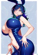 1girl absurdres animal_ear_hairband animal_ears aqua_eyes ass ayase_yuu bare_arms bare_shoulders blue_bodysuit blue_hair bodysuit border breasts center_opening cleavage commentary_request commission cross cross_earrings ear_piercing earrings fake_animal_ears green_hair grey_background grin hair_over_one_eye hairband highres huge_breasts jewelry lips long_hair looking_at_viewer looking_over_eyewear messy_hair momoyama_tits multicolored_hair navel nontraditional_playboy_bunny outside_border phase_connect piercing rabbit_ear_hairband rabbit_ears round_eyewear sleeveless sleeveless_bodysuit smile solo streaked_hair teeth virtual_youtuber white_border rating:s score:43 post #9744606