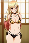 1girl artist_name bikini breasts cowboy_shot grin highres kairart kitagawa_marin medium_breasts navel patreon_username self-upload smile solo sono_bisque_doll_wa_koi_wo_suru standing swimsuit third-party_edit twitter_username rating:s score:5 post #10173196