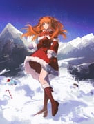 absurdres christmas clothes_lift eliza_804 gloves hair_ornament highres long_hair mountain neon_genesis_evangelion orange_hair ribbon shoes snow souryuu_asuka_langley rating:s score:1 post #10174564