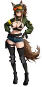 absurdres animal_ears armband belt black_boots black_bra black_choker boots bra breasts brown_eyes brown_hair cadpat callisto_(greyeth) choker denim denim_shorts dog_tags fox_ears fox_girl fox_tail glock gloves goggles goggles_on_headwear gun handgun hands_on_own_hips hat highres holster knee_pads large_breasts lars_artbro leaf maple_leaf multicolored_hair navel_piercing original piercing ribbon shorts smile streaked_hair tail thigh_holster thighhighs underwear weapon yellow_armband rating:s score:5 post #10176543