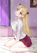 1girl :o alternate_costume barefoot between_legs blonde_hair blush breasts collared_shirt commentary_request dress_shirt earrings ereshkigal_(fate) fate/grand_order fate_(series) hair_ribbon hand_between_legs head_tilt highres indoors jewelry long_hair looking_at_viewer miniskirt on_bed open_mouth red_eyes red_ribbon red_skirt ribbon shirt sitting skirt sleeves_rolled_up solo toes two_side_up user_wvrz2537 v_arms wariza white_shirt rating:g score:16 post #10142717