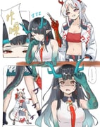 2girls absurdres angry arknights bandeau bare_arms bare_shoulders black_hair breasts can't_choose_your_own_family chinese_commentary cleavage cleavage_cutout closed_eyes clothing_cutout collarbone collared_dress colored_extremities comic commentary_request contrast_collar crop_top cutting_another's_hair cutting_hair dragon_girl dragon_horns dragon_tail dress dusk_(arknights) earrings english_commentary fang groin hair_over_one_eye hand_in_pocket highres holding holding_own_hair holding_scissors horns jacket jewelry long_hair long_sleeves looking_at_another medium_breasts medium_hair menacing_(jojo) midriff mixed-language_commentary multicolored_hair multiple_girls navel necktie nian_(arknights) one_eye_covered open_clothes open_jacket orange_eyes pink_eyes pointy_ears prank red_bandeau red_hair red_necktie runyo_(yale12312) scissors siblings sisters sleeping sleeveless sleeveless_dress sound_effects streaked_hair tail tearing_up white_dress white_hair white_jacket zzz rating:s score:14 post #9992517
