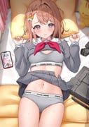 1girl artist_name bag bed bed_sheet black_socks blush braid breasts brown_hair cellphone charl2837 closed_mouth clothes_lift clothes_writing collarbone commentary_request cowboy_shot curtains fingernails flower grey_eyes grey_panties grey_serafuku grey_shirt grey_skirt grey_sports_bra hair_behind_ear hair_flower hair_ornament hanasato_minori hands_up highres indoors long_fingernails long_sleeves looking_at_viewer lying medium_breasts medium_hair midriff miyamasuzaka_girls'_academy_school_uniform navel neckerchief on_back on_bed open_clothes open_mouth open_skirt panties phone pillow pleated_skirt project_sekai red_neckerchief sailor_collar school_bag school_uniform serafuku shirt shirt_lift side_braid single_sidelock skirt skirt_lift sleeve_cuffs small_breasts smartphone socks solo sports_bra stuffed_animal stuffed_toy sweat underwear underwear_writing unworn_socks variant_set white_sailor_collar rating:s score:0 post #10174982