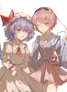 2girls ascot black_hairband blush bow closed_mouth collar collared_shirt crossed_bangs fang frilled_collar frilled_cuffs frilled_sleeves frills hair_between_eyes hairband hat hat_bow heart heart_of_string highres komeiji_satori mao_bing_ge mob_cap multiple_girls one_eye_closed parted_lips pink_hair pink_hat pink_skirt pointy_ears puffy_short_sleeves puffy_sleeves purple_hair purple_shirt red_ascot red_bow red_eyes remilia_scarlet shirt short_hair short_sleeves simple_background skirt smile third_eye touhou white_background white_shirt white_skirt wrist_cuffs rating:g score:5 post #10175032