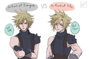 1boy armor black_gloves blonde_hair blue_eyes blue_sweater cloud_strife comparison crossed_arms english_commentary english_text final_fantasy final_fantasy_vii final_fantasy_vii_remake gloves hair_between_eyes male_focus miyukiko multiple_views parted_lips ribbed_sweater short_hair shoulder_armor signature simple_background single_bare_shoulder sleeveless sleeveless_turtleneck speech_bubble spiked_hair sweater turtleneck turtleneck_sweater upper_body vs white_background rating:g score:3 post #10175333