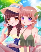 2girls :p absurdres anjou_seira beach blunt_bangs blush braid breasts brown_hair cleavage collarbone day food hat highres lens_flare long_hair looking_at_viewer multiple_girls ocean outdoors palm_leaf palm_tree purple_eyes sasuga_chisa smile swimsuit tongue tongue_out tree twin_braids water world_dai_star yanagiba_panda rating:s score:0 post #10175446