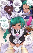 1boy 2girls absurdres apron braid braided_ponytail clenched_teeth dark-skinned_female dark_skin dragalge dress genderswap genderswap_(mtf) gloves green_hair highres jacinthe_(pokemon) juliet_sleeves lebanne_(pokemon) long_braid long_hair long_sleeves maid_apron maid_headdress master_and_servant meowwithme multiple_girls pokemon pokemon_legends:_z-a puffy_sleeves purple_dress purple_eyes purple_hair recursive_genderswap single_braid smile teeth very_dark_skin white_gloves rating:g score:0 post #10175438