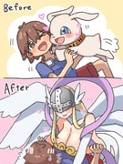 1boy 1girl angel angel_wings angewomon asymmetrical_clothes bare_shoulders belt blonde_hair breasts cleavage clothing_cutout covered_eyes digimon digimon_(creature) echieichi feathered_wings gloves helmet helmet_over_eyes highres holy_ring large_breasts long_hair multiple_wings navel plotmon smile stomach_cutout thigh_strap winged_gloves winged_helmet wings wrist_wings rating:s score:8 post #10153211