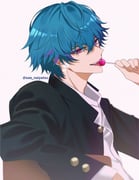 1boy arm_rest black_jacket blue_hair brant_(wuthering_waves) buttoned_cuffs buttons candy chair collared_jacket collared_shirt commentary earrings food gakuran hashtag-only_commentary highres holding holding_candy holding_food holding_lollipop jacket jewelry lollipop lollipop_in_mouth long_sleeves male_focus piercing pink_eyes popped_collar sae_naiyatsu school_uniform shirt short_hair simple_background sitting smile solo stud_earrings teeth tongue twitter_username white_background white_shirt wing_collar wuthering_waves rating:g score:0 post #10148518
