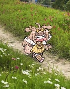 1girl animal_ears arms_up black_thighhighs bluebird_(leh951025) blush_stickers brown_hair butter_(trickcal) chibi closed_eyes commentary_request day dirty dog_ears dog_girl dog_tail dress fang full_body grass happy highres korean_commentary long_hair open_mouth outdoors path photo-referenced photo_background playing running shirt short_dress short_sleeves smile solo tail thighhighs trickcal white_shirt yellow_dress rating:g score:1 post #10175314