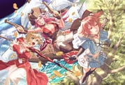 3girls adapted_costume antique_firearm black_hat black_thighhighs blonde_hair blue_eyes blunderbuss coin comiket_94 commentary_request cosplay cu_chulainn_(caster)_(fate) cu_chulainn_(caster)_(fate)_(cosplay) cu_chulainn_(fate) dress dual_wielding fate/grand_order fate_(series) francis_drake_(fate) fujimaru_ritsuka_(female) gold_coin green_eyes grey_shirt grey_skirt grin gun hat holding holding_sword holding_weapon light_rays long_hair midriff multiple_girls nero_claudius_(fate) nero_claudius_(fate/extra) one_side_up open_mouth outstretched_arms parted_lips pink_hair pirate pirate_ship red_dress shirt skirt smile spread_arms sunbeam sunlight sword thighhighs tree weapon yorozu rating:s score:8 post #10135473