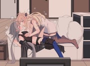 2girls blonde_hair blush breasts collared_dress commentary_request couch couple dress duel_monster emptyayya green_eyes grey_hair highres long_hair long_sleeves multiple_girls red_eyes sky_striker_ace_-_raye sky_striker_ace_-_roze thighhighs two-tone_dress yu-gi-oh! yuri rating:s score:5 post #10174037