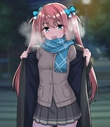 1girl :d absurdres asagumo_(kancolle) black_coat blue_bow blue_scarf bow breasts breath brown_cardigan brown_hair cardigan coat commentary_request furaggu_(frag_0416) grey_skirt hair_bow highres kantai_collection long_hair long_sleeves looking_at_viewer open_mouth outdoors pleated_skirt removing_coat scarf school_uniform skirt small_breasts smile solo standing tongue twintails variant_set rating:s score:12 post #10095512