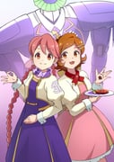 2girls absurdres android apocalypse_hotel bow braid brown_hair commentary_request doorman_robot_(apocalypse_hotel) dress hair_ornament hand_up highres holding_pda leaf_hair_ornament long_sleeves money_gesture multiple_girls pink_dress ponko_procione puffy_long_sleeves puffy_sleeves purple_bow purple_dress shampoo_hat short_hair smile suzawa_aya twin_braids twintails yachiyo_(apocalypse_hotel) rating:g score:1 post #10126878