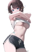 1girl absurdres aqua_eyes bandaid_on_hip bare_arms black_shorts breasts brown_hair camisole camisole_lift clothes_lift commentary dolphin_shorts highres hololive kkato looking_at_viewer navel oozora_subaru short_hair short_shorts shorts simple_background solo stomach strap_slip swept_bangs underboob virtual_youtuber white_background white_camisole rating:q score:18 post #10176800
