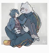 2boys animal_ears bear_boy bear_ears bear_tail black_gloves black_hair black_pants black_track_suit blush border brown_vest carrying collared_shirt commentary_request dkdmis dress_pants facing_another flying_sweatdrops full_body furrowed_brow furry furry_male furry_with_non-furry gloves grey_background grey_jacket hand_on_another's_back hand_on_another's_chin hand_on_another's_hand height_difference holding_another's_leg indian_style interspecies jacket long_sleeves looking_at_another male_focus multiple_boys necktie nervous nose_blush odd_taxi pants princess_carry profile red_necktie scar scar_on_cheek scar_on_face sekiguchi_(odd_taxi) shirt shoes signature sitting smirk sneakers spiked_hair suit sunglasses sweatdrop tail track_jacket track_suit v-shaped_eyebrows vest waistcoat wavy_mouth white_border white_fur white_shirt white_shoes yano_(odd_taxi) yaoi yellow_shoes yellow_trim rating:g score:0 post #9865313