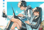 1boy 1girl absurdres alternate_costume bags_under_eyes balcony bandaid bandaid_on_knee bandaid_on_leg black_hair border chips_(food) cloud cloudy_sky commentary computer curtained_hair day english_commentary feet_out_of_frame food food_in_mouth foot_up hair_over_shoulder han_donghoon_(omniscient_reader's_viewpoint) headphones heart heart_sticker highres holding holding_laptop holding_magazine hood hood_down knees_up laptop magazine_(object) omniscient_reader's_viewpoint outside_border papercider pocky pocky_in_mouth ponytail railing reading scar scar_on_face serious shoes short_hair sky slouching sneakers sticker striped_clothes twintails two-tone_hoodie white_border yoo_mia rating:g score:3 post #10165136