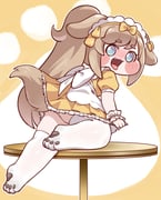 1girl :3 absurdres alternate_costume animal_ears apron blue_eyes blush_stickers bow brown_hair butter_(trickcal) commentary_request dog_ears dog_girl dog_tail dress enmaided fang frilled_wrist_cuffs frills hair_bow highres kitosan_(user_wtmz2482) korean_commentary long_hair looking_at_viewer looking_back maid maid_headdress no_shoes on_one_knee on_table open_mouth paw_print paw_print_background paw_print_soles ponytail puffy_cheeks puffy_short_sleeves puffy_sleeves short_dress short_sleeves smile solo table tail thighhighs tongue tongue_out trickcal white_apron white_thighhighs wrist_cuffs yellow_background yellow_bow yellow_dress rating:s score:0 post #10175410