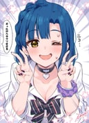 1girl black_bow black_bowtie black_choker black_nails blue_hair bow bowtie bracelet braid breasts choker cleavage concept_gyarus_(idolmaster) double_v ear_piercing earrings fingernails gyaru hands_up heart heart_choker highres idolmaster idolmaster_million_live! idolmaster_million_live!_theater_days ima_(lm_ew) jewelry looking_at_viewer loose_bowtie medium_hair nail_polish nanao_yuriko official_alternate_costume one_eye_closed open_collar open_mouth piercing purple_scrunchie ring scrunchie shirt signature solo speech_bubble star_(symbol) straight-on striped_bow striped_bowtie striped_clothes translation_request upper_body v white_shirt wrist_scrunchie yellow_eyes rating:s score:7 post #10171035