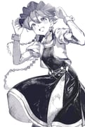 1girl absurdres apocalypse_hotel braid commentary cropped_jacket dress greyscale happy haru_udon highres long_hair monochrome open_mouth shampoo_hat simple_background smile solo twin_braids yachiyo_(apocalypse_hotel) rating:g score:2 post #9852438