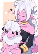 1girl android_21 animal bare_shoulders black_tube_top border breasts closed_eyes collarbone color_connection colored_skin crossover dragon_ball dragon_ball_fighterz flaaffy highres holding holding_animal majin_android_21 pants pink_skin pointy_ears pokemon pokemon_(creature) shirofal028 simple_background strapless tail tube_top white_border white_hair white_pants rating:s score:6 post #10147327