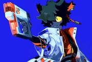 1boy aak_(arknights) aiming animal_ear_piercing animal_ears arknights black_nails blue_background coat colored_sclera commentary_request furry furry_male glowing glowing_eye grin hair_over_one_eye highres looking_ahead male_focus open_clothes open_coat red_shirt ryoku134 see-through_clothes see-through_sleeves shirt smile white_coat yellow_sclera rating:g score:5 post #10046811