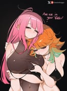 2girls alternate_costume artist_name blush breasts cleavage commentary couple earrings feather_earrings feathers gradient_hair greatodoggo green_hair highres hololive hololive_english jewelry large_breasts long_hair looking_at_viewer mori_calliope multicolored_hair multiple_girls open_mouth orange_hair panties patreon_logo patreon_username pink_hair purple_eyes symbol-only_commentary takanashi_kiara twitter_logo twitter_username underwear virtual_youtuber yuri rating:s score:40 post #10164737