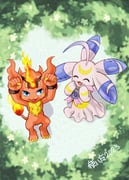 1boy 1girl absurdres blue_eyes blurry blurry_background chibikemo commentary_request coronamon crescent digimon digimon_(creature) fire furry furry_female furry_male highres lion lunamon rabbit tsukaima_(vfcou) rating:g score:0 post #10151431