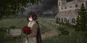 1girl bouquet brown_hair church cross expressionless graveyard hair_between_eyes highres holding holding_bouquet inai_the_maid long_hair looking_at_viewer low_ponytail original outdoors overcast ponytail red_eyes red_ribbon ribbon sailor_collar scenery skirt sky solo sweater very_long_hair rating:g score:3 post #10175330