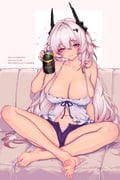 1girl absurdres arknights bare_legs barefoot blush breasts camisole can cleavage closed_mouth couch female_pubic_hair full_body grey_hair highres holding holding_can horns large_breasts long_hair multicolored_hair on_couch pink_eyes pubic_hair smile solo streaked_hair theresa_(arknights) very_long_hair wmmzkl rating:q score:16 post #10175193