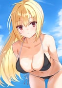 1girl ahoge alternate_costume arihara_nanami armpit_crease arms_behind_back ass_visible_through_thighs bare_shoulders bikini black_bikini blonde_hair blue_sky blush breasts cleavage cloud collarbone commentary cowboy_shot day deep_skin eyes_visible_through_hair floating_hair hair_between_eyes halterneck highres large_breasts leaning_forward long_hair looking_at_viewer nowa2109 outdoors parted_lips red_eyes riddle_joker side-tie_bikini_bottom sidelighting sidelocks sky solo straight_hair swimsuit very_long_hair rating:s score:8 post #10175047