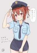 1girl arm_up artist_name black_necktie black_skirt blue_necktie blue_shirt blue_skirt blush breast_pocket breasts brown_hair closed_mouth collared_shirt cowboy_shot dot_nose dress_shirt female_service_cap grey_background hair_between_eyes hair_ornament hair_ribbon hand_up hat head_tilt highres light_blush looking_at_viewer man12sikata-04 medium_breasts miniskirt necktie peaked_cap pencil_skirt pocket police police_hat police_uniform policewoman ponytail red_eyes ribbon salute shirt shirt_tucked_in short_hair short_ponytail short_sleeves side_slit sidelocks signature simple_background skirt skirt_tug small_breasts smile solo speech_bubble split_mouth standing star_(symbol) white_ribbon wing_collar yuuki_yuuna yuuki_yuuna_wa_yuusha_de_aru yuusha_de_aru rating:g score:4 post #10145382