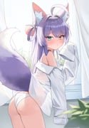 1girl absurdres animal_ear_fluff animal_ears blue_eyes blush brown_eyes curtains day embarrassed fox_ears fox_girl fox_tail heterochromia highres indoors long_hair long_sleeves looking_at_viewer muru_(muru_zi) no_pants off_shoulder open_clothes open_shirt panties plant pom_pom_(clothes) purple_hair raised_inner_eyebrows see-through_clothes see-through_shirt shirt sleeves_past_fingers sleeves_past_wrists stellive tail tenko_shibuki underwear white_panties white_shirt window rating:s score:6 post #10175453
