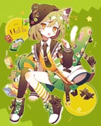 1girl animal_ear_fluff animal_ears asymmetrical_legwear backpack bag bag_of_chips beanie blush bow brown_bow brown_choker brown_hat brown_necktie brown_sailor_collar brown_shoes brown_thighhighs cat_ears cat_girl cat_tail choker commentary_request double-parted_bangs food food-themed_hat_ornament footwear_bow frilled_sailor_collar frills full_body green_background green_hair green_nails green_skirt hair_between_eyes hair_ornament hairclip hand_up hat hat_ornament heart_pin highres holding holding_food jacket long_sleeves looking_at_viewer miniskirt mismatched_legwear nail_polish necktie open_clothes open_jacket open_mouth orange_eyes original over-kneehighs parallel_hairclips pleated_skirt pocky pocky_day saijo1201 sailor_collar shoes short_hair signature single_over-kneehigh single_sock single_thighhigh skateboard skirt sneakers socks solo star_(symbol) striped_background striped_clothes striped_socks sweater tail tail_bow tail_ornament teeth thighhighs uneven_legwear upper_teeth_only white_jacket wing_collar yellow_socks yellow_sweater rating:g score:1 post #10102274