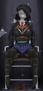 1girl absurdres ameng_(katena1990) arms_behind_back asymmetrical_bangs ball_gag bdsm black_hair black_jacket black_pantyhose blindfold blue_skirt bondage bound breasts cable_tie chair date_a_live gag gagged grin hair_over_one_eye highres immobilization improvised_gag jacket large_breasts low_twintails pantyhose pleated_skirt pussy_juice red_eyes restrained school_uniform shibari shibari_over_clothes sitting skirt smile solo tape tape_gag tied_to_chair tokisaki_kurumi twintails rating:e score:17 post #10164739