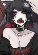 1girl ace_glitch alternate_costume bare_shoulders belt belt_buckle belt_collar black_belt black_collar black_hair black_shirt breasts buckle candy clothes_writing collar collarbone colored_inner_hair commentary earphones ellen_joe english_commentary fins fish_tail food hair_ornament highres jaws_(movie) lollipop lollipop_in_mouth looking_at_viewer medium_breasts mouth_hold multicolored_hair open_mouth parted_bangs razor_blade_hair_ornament red_eyes shark_girl shark_tail sharp_teeth shirt short_hair solo straight-on tail teeth upper_body uvula x_hair_ornament zenless_zone_zero rating:s score:12 post #10172848