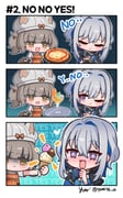 +_+ 2girls absurdres apron blue_hair blush brown_hair brown_tail closed_eyes commentary cup drakeposting_(meme) drinking_glass english_commentary english_text food galbrena_(wuthering_waves) grey_hair grey_hat hair_ornament hands_up hat hat_with_ears highres holding holding_food holding_ice_cream_cone holding_pizza ice_cream_cone looking_at_another margherita_(wuthering_waves) medium_hair meme multiple_girls one_eye_closed open_mouth out_of_character pizza purple_eyes smile tail wuthering_waves yami_(yami56_u) yellow_eyes rating:s score:5 post #10130990