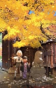 2boys 8083_blue aged_down autumn autumn_leaves black_hair black_necktie brothers child closed_eyes facing_viewer hand_on_another's_shoulder highres hoshina_soichiro hoshina_soshiro japanese_clothes kaijuu_no._8 kimono komainu kyoto leaf male_focus multiple_boys necktie open_mouth outdoors photo_background purple_kimono shirt short_hair siblings sign socks standing v white_shirt white_socks rating:g score:2 post #10166446