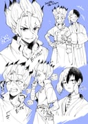 2023 2boys absurdres asagiri_gen blue_background dr._stone greyscale greyscale_with_colored_background hand_on_own_hip hand_up hands_in_opposite_sleeves hashtag-only_commentary highres holding ishigami_senkuu japanese_clothes kimono long_hair male_focus monochrome multicolored_hair multiple_boys ongr_870 open_mouth scared smile smirk speech_bubble translation_request rating:g score:0 post #10123668