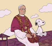 1boy absurdres blush_stickers capelet cassock chimney christianity closed_mouth commentary crosier cross cross_necklace dog feet_out_of_frame glasses grey_hair hat highres jewelry long_sleeves looking_afar male_focus necklace old old_man outdoors peanuts_(comic) pope pope_leo_xiv priest real_life rectangular_eyewear red_capelet rome_(city) rooftop short_hair sistine_chapel sitting sky smile snoopy toffee_32 white_hat yellow_sky zucchetto rating:g score:26 post #9280355