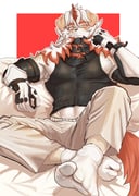 1boy abs arknights bara black_gloves black_shirt blush closed_mouth colored_tips furry furry_male gloves highres horns hung_(arknights) komainu_boy komainu_ears komainu_tail looking_at_viewer male_focus multicolored_hair muscular muscular_male pants pectorals redd_fur shirt single_horn sitting sleeveless sleeveless_shirt socks white_pants white_socks rating:s score:5 post #10009788