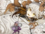1other :d androgynous beagle brown_hair coat colored_tips dog fangs hashtag-only_commentary highres id_card medicine_pocket medium_hair multicolored_hair multiple_dogs open_mouth reverse:1999 smile solo takuwaan too_many too_many_dogs upper_body white_coat white_hair yellow_eyes rating:g score:2 post #10077577