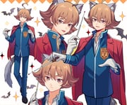 1boy :p ace_attorney ace_attorney_investigations ace_attorney_investigations_2:_prosecutor's_gambit ahoge animal_ears badge bat_(animal) black_shoes blue_jacket blue_pants brown_eyes brown_hair chinese_commentary closed_mouth commentary_request conductor_baton eustace_winner flipped_hair gloves hair_between_eyes high_collar highres jacket jacket_on_shoulders kemonomimi_mode lapels looking_at_viewer male_focus multiple_views nikuri notched_lapels pants polka_dot polka_dot_background red_jacket school_uniform shirt shoes short_hair sparkle standing tail themis_legal_academy_school_uniform tongue tongue_out white_gloves white_shirt wolf_ears wolf_tail rating:g score:2 post #9898847