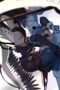 2girls akemi_homura akuma_homura black_hair blue_hair bow elbow_gloves fangs gloves hair_bow hair_over_eyes hand_on_another's_head highres long_hair mahou_shoujo_madoka_magica miki_sayaka miki_sayaka_(magical_girl) multiple_girls open_mouth red_bow simple_background un_nm5sy upside-down white_background wings yuri rating:s score:5 post #10173498