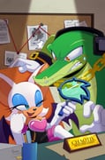 1boy 1girl absurdres animal_ears bat_ears bat_girl blue_eyes blue_eyeshadow brown_eyes chain chain_necklace colored_skin crocodile_boy elbow_gloves eyeshadow furry furry_female furry_male gloves green_skin headphones highres hikariviny indoors jewelry looking_at_another makeup necklace one_eye_closed open_mouth rouge_the_bat sonic_(series) sonic_the_hedgehog_(idw) vector_the_crocodile white_gloves rating:g score:2 post #10157792