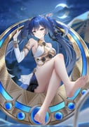 1girl ahoge ancient_greek_clothes bare_legs bare_shoulders barefoot black_skirt blue_eyes blue_hair breasts commentary_request crescent_moon crossed_legs dian_zhi_sang feet full_body gold_bra gradient_hair greco-roman_clothes highres iuno_(wuthering_waves) laurel_crown legs long_hair looking_at_viewer medium_breasts miniskirt moon multicolored_hair parted_lips sitting skirt sky smile soles solo star_(sky) starry_moon starry_sky thighs toes twintails underboob very_long_hair wuthering_waves rating:s score:65 post #9804905